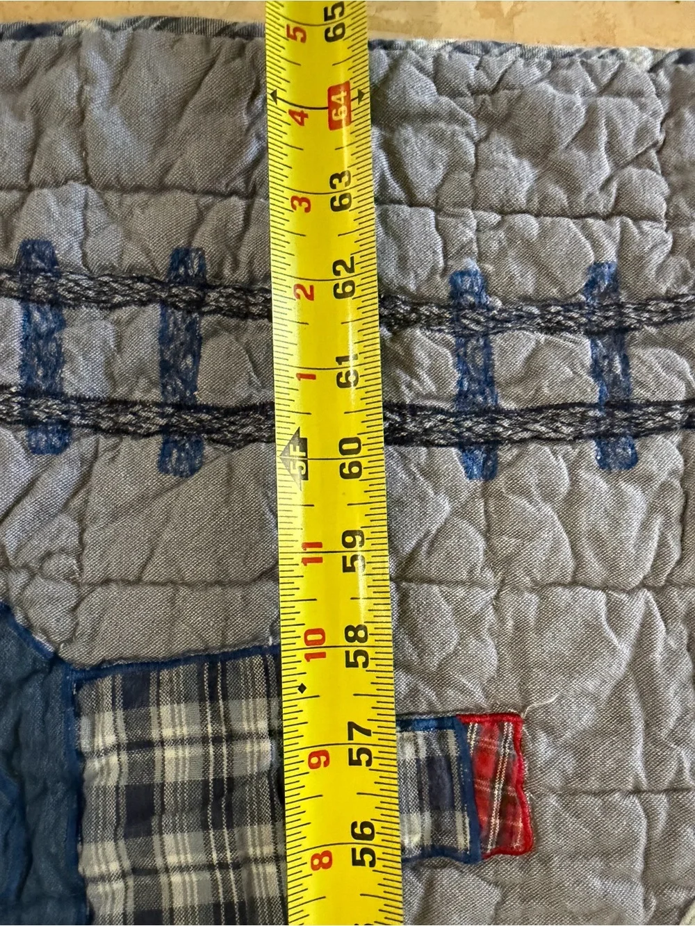 The Company Store CHOO-CHOO TRAINS Blue Red Plaid Chambray Kid Twin Quilt 83x63”